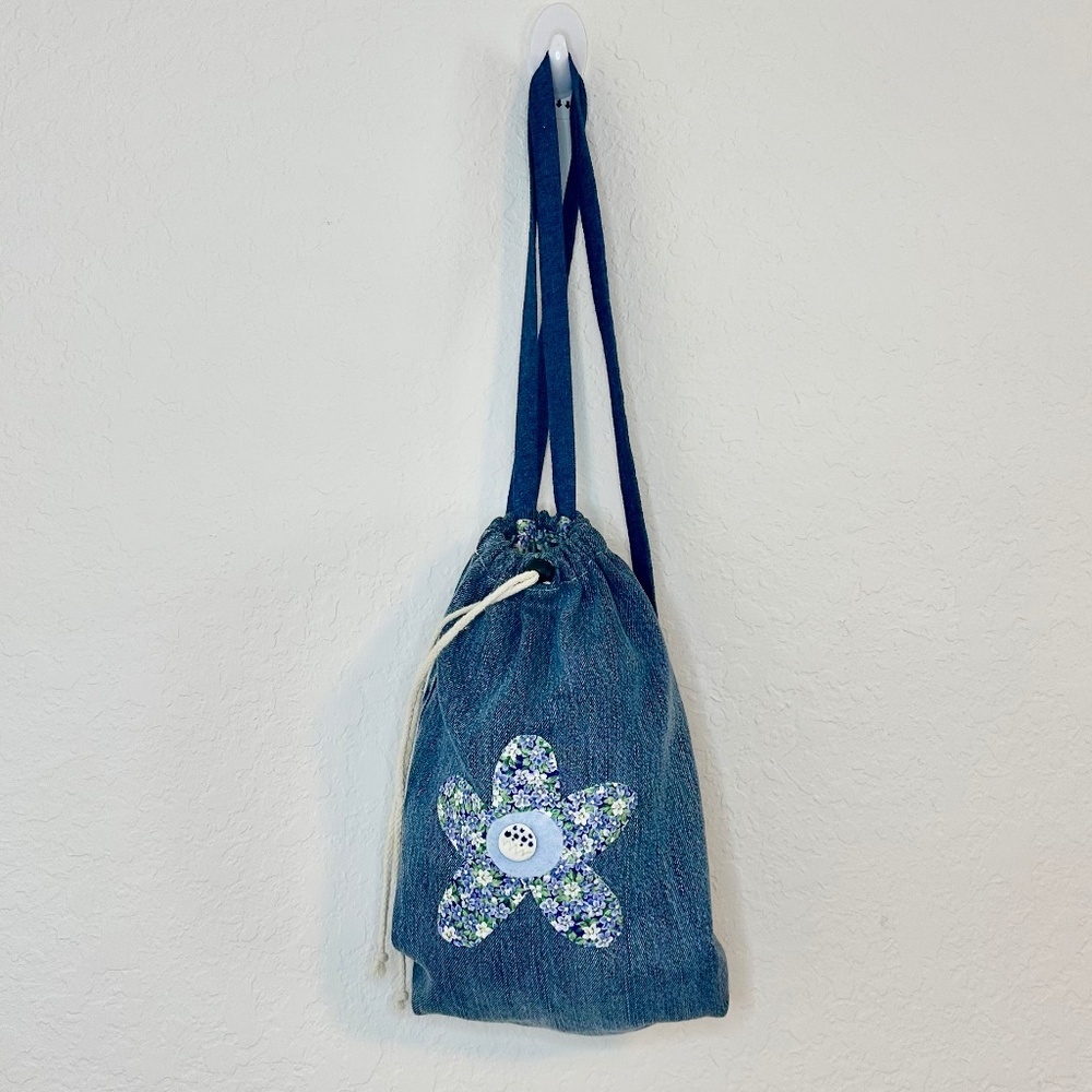 Cute Handmade Denim Drawstring Backpack - Picture 5 of 9